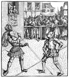 Maximilian in the jousting tournament on foot, facsimile of a woodcut illustrated by Hans Burgkmair