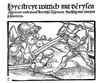 The hero Wittich in battle with the giant Asperian, facsimile of a woodcut from the Heldenbuch zu Strasbourg-Hagenau