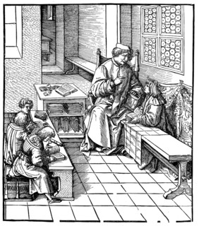 Maximilian receives instruction, facsimile of a woodcut illustrated by Hans Burgkmair