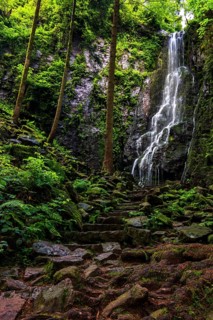 Waterfall with old stone steps in the green forest, the Burgbach waterfall near Schapbach in the Black Forest