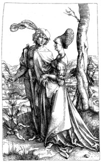 Nobleman and lady promenading, behind the tree trunk Death waits with the hourglass