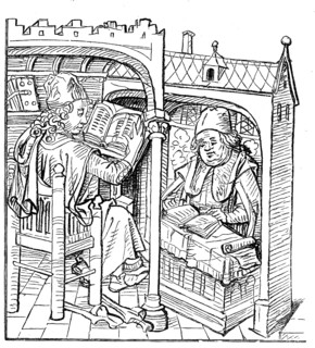 Scholars studying at reading desks, from the medieval house book from the 15th century