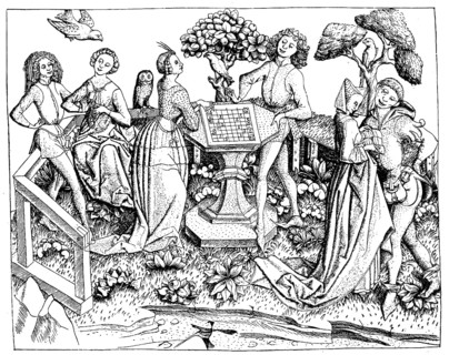 A company in the garden playing chess, in the 15th century