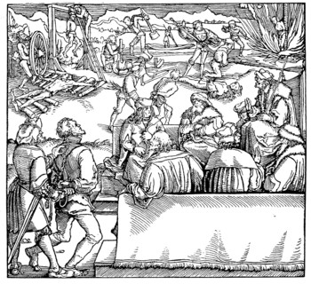 Court session, in the foreground the criminal is being pulled up by the throat