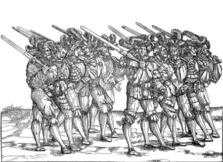 Foot soldiers armed with two-handed swords and daggers, facsimile of a woodcut in Hans Burgkmair's Triumphant Procession of Maximilian I at the beginning of the 16th century