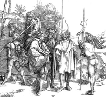 Warriors, in the centre two noblemen in cloaks and in the background a Turkish horseman