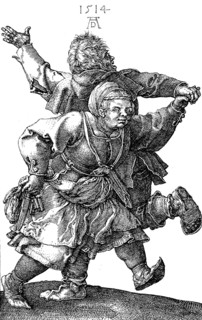 A dancing peasant couple, copperplate engraving by Albrecht Duerer