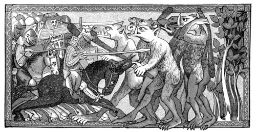 Alexander in battle with fantastic creatures in human form with horse heads and giant teeth, from the Brussels manuscript of the priest Lamprecht