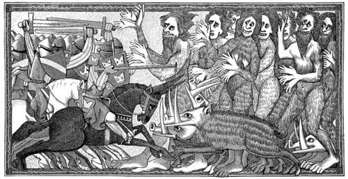 Alexander in battle with six-handed human-like creatures and pigs with terrible teeth, from the Brussels manuscript of Lamprecht's priests
