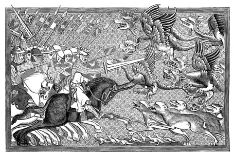 Alexander fighting dragons and other fantastic beasts, miniatures in a 13th century manuscript by the priest Lambrecht