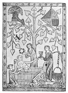 A medieval guest being bathed by noble ladies, miniature
