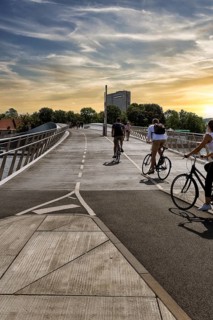 Pedestrians and cyclists on bridge over Inner Harbour, Lille Langebro cycle bridge