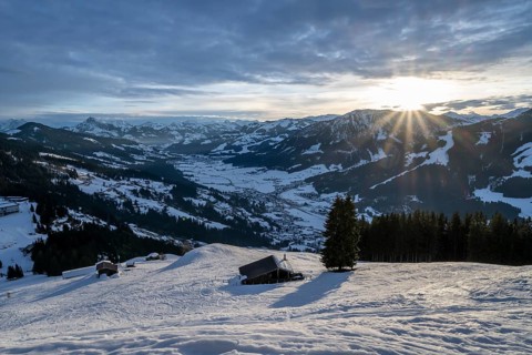 View of the Brixen Valley in winter sunshine, morning sun