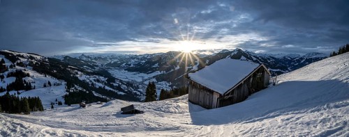 View of the Brixen Valley in winter sunshine, morning sun