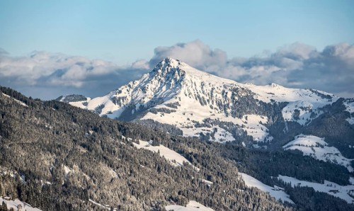 View of the Kitzbueheler Horn, Alps in winter with snow-covered mountains