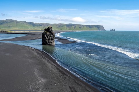 Rocks in the sea, View over Reynisfjara Beach