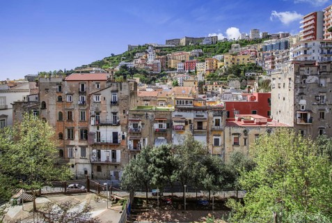 Viewing terrace in the market district of Montesanto with Vomero and Castel Sant Elmo, Naples
