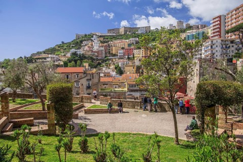 Viewing terrace in the market district of Montesanto with Vomero and Castel Sant Elmo, Naples