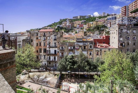 Viewing terrace in the market district of Montesanto with Vomero and Castel Sant Elmo, Naples