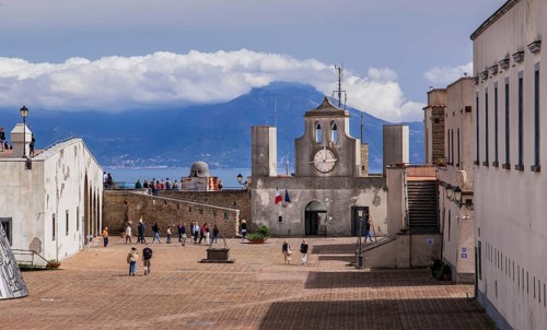 Inner courtyard of Castel Sant Elmo with Vesuvius, Naples