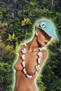 Composing, fashion doll with shell necklace in front of coconut palms