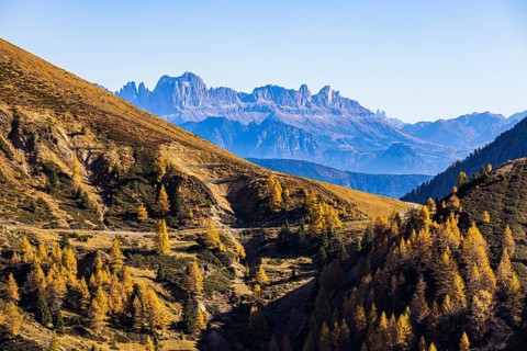 Hiking trail in autumnal mountain landscape, the mountain backdrop of the Dolomites in the background
