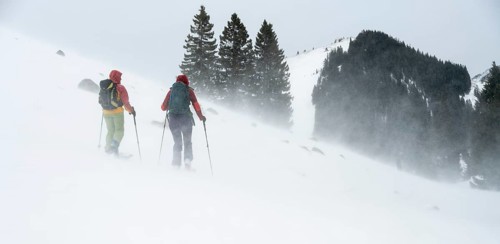 Two ski tourers, snowstorm
