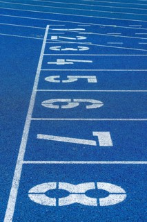 Blue tartan track on a sports field, Berlin