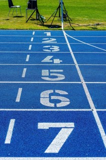 Blue tartan track on a sports field, Berlin