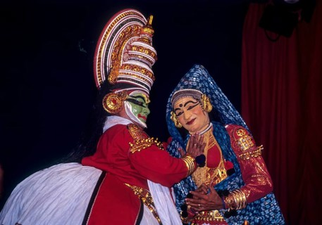 Pacha Green noble and the divine and Minukku radiant characters in Kathakali, Kerala Kalamandalam Koothambalam temple theatre Cheruthuruthy near Soranur