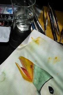 Painted goose, watercolour painting with water glass