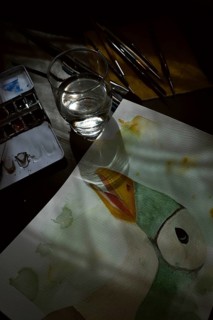 Painted goose, watercolour painting with water glass