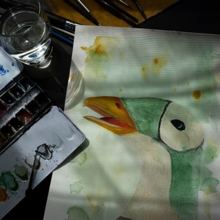 Painted goose, watercolour painting with water glass