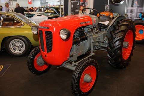 Historic red tractor Lamborghini agricultural machine, Techno Classica fair