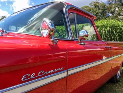 Dynamic side view of classic historic pick-up Chevrolet El Camino, above lettering El Camino