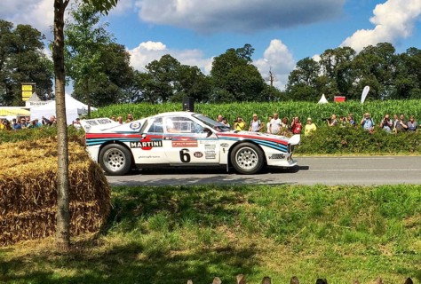 Classic historic racing car Lancia Rally 037 Martini Racing for rally group B at show race for classic cars, driver Walter Roehrl