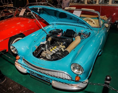 View into engine compartment of classic car Auto Union 1000 sp Roadster, Techno Classica trade fair