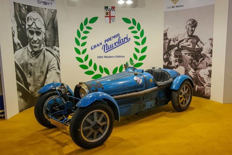 Historic racing car Classic Car Bugatti Type 59 of Tazio Nuvolari memorial race in version for road registration, Techno Classica fair