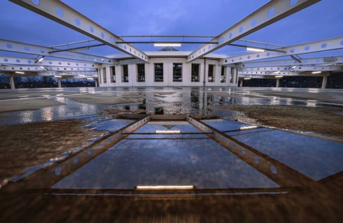 Roof of the Mercedes Benz car park in Bad Cannstatt, reflection in water