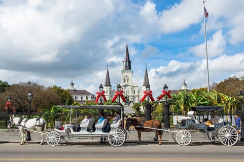 Old horse carts before Jackson square and the St. Louis Cathedral, French quarter
