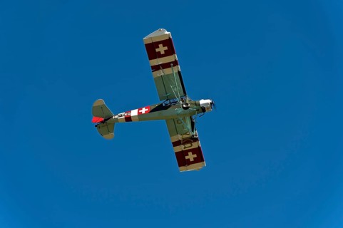 Vintage aircraft Slepcev Storch Mk IV HB-YKQ in flight, Switzerland