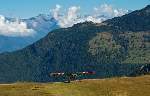 Vintage aircraft Slepcev Storch Mk IV HB-YKQ landing on the Croix-de-Coeur mountain airfield Verbier, Verbier