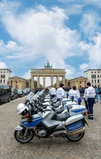 Berlin police motorbike squad stands in front of the Brandenburg Gate, Berlin