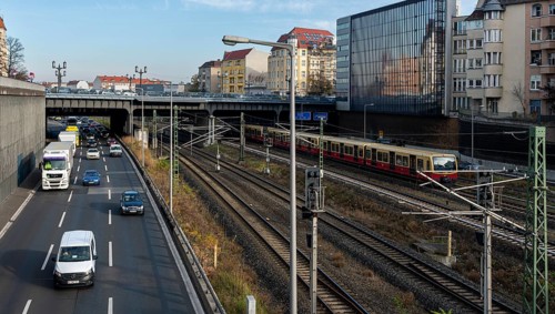 Railway tracks next to the city motorway, Berlin-Westend