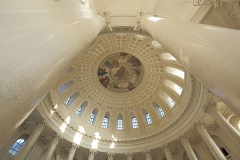Dome with ceiling painting and columns from the Early Classicism Cathedral in St. Blasien, Southern Black Forest