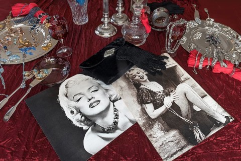 Old Marilyn Monroe photos decorated with accessories and rhinestone jewellery on silver plates, Bavaria