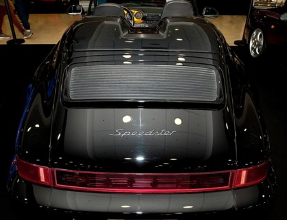 Historic Oldtimer Classic Car Porsche 911 964 Speedster with typical two humps over rear seats covered rear bench in design of body, fair Techno Classica
