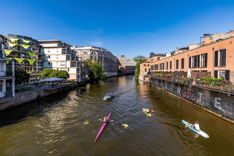 Various boats at the Buntgarnwerke on the White Elster, flats