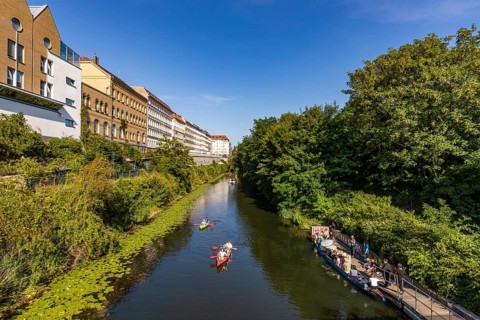 Paddle boats on the Karl Heine Canal in the Plagwitz district, Leipzig