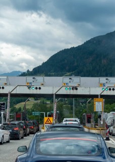 Waiting cars, toll booth on the Brenner motorway between Austria and Italy